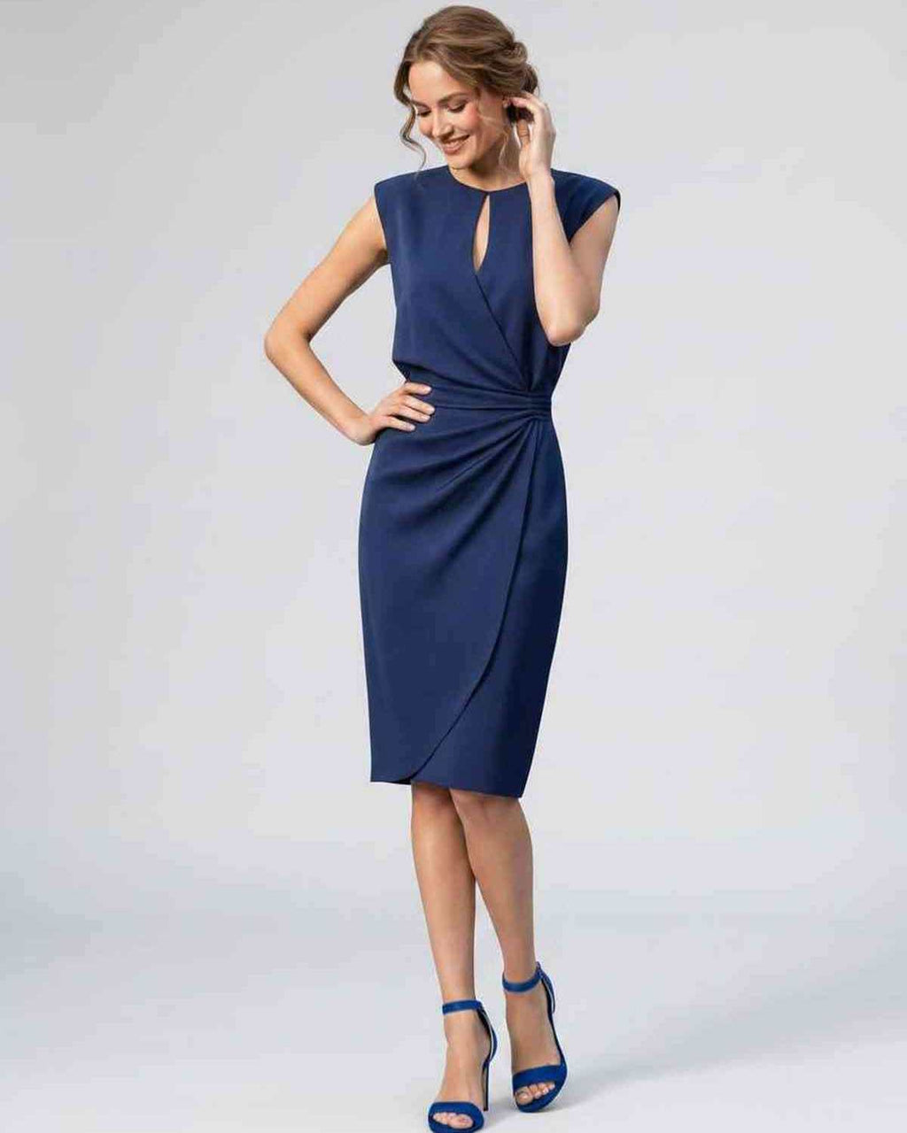 Velmira Midi Dress by Lauven — sleeveless keyhole wrap midi dress with ruched waist