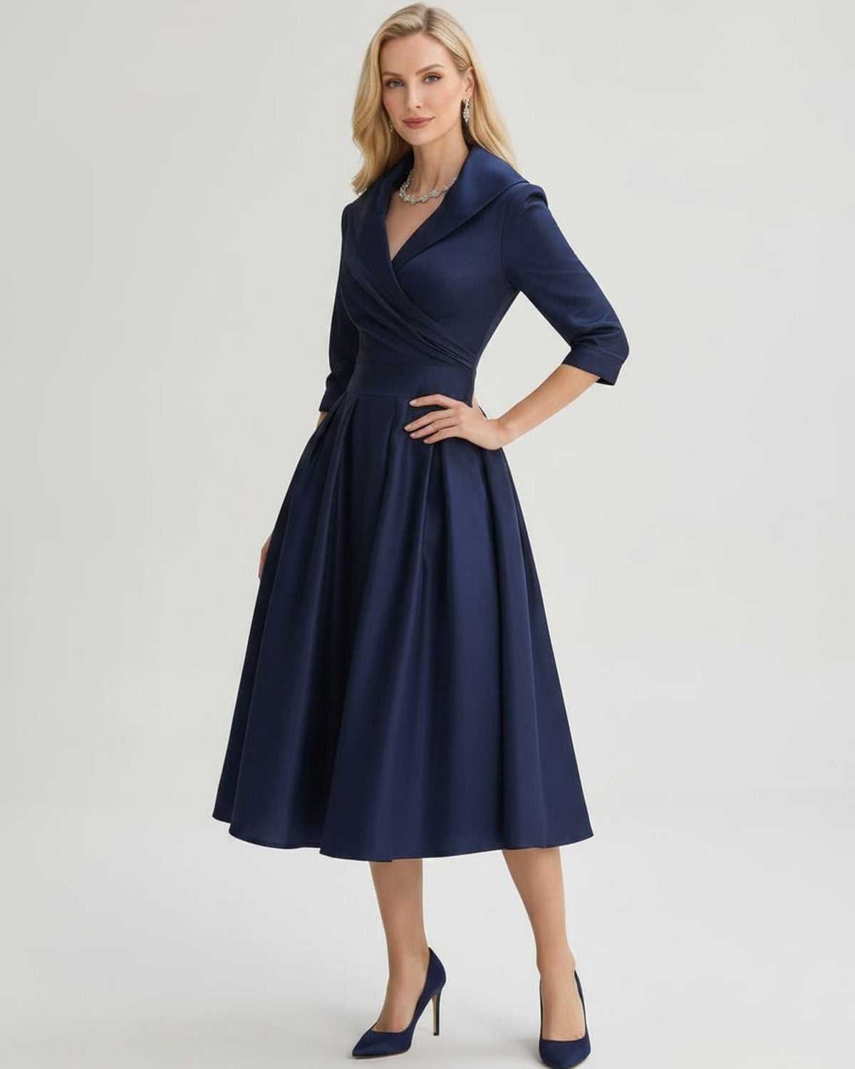 Serelune Midi Dress by Lauven — satin blend 3/4 sleeve V-neck A-line midi dress