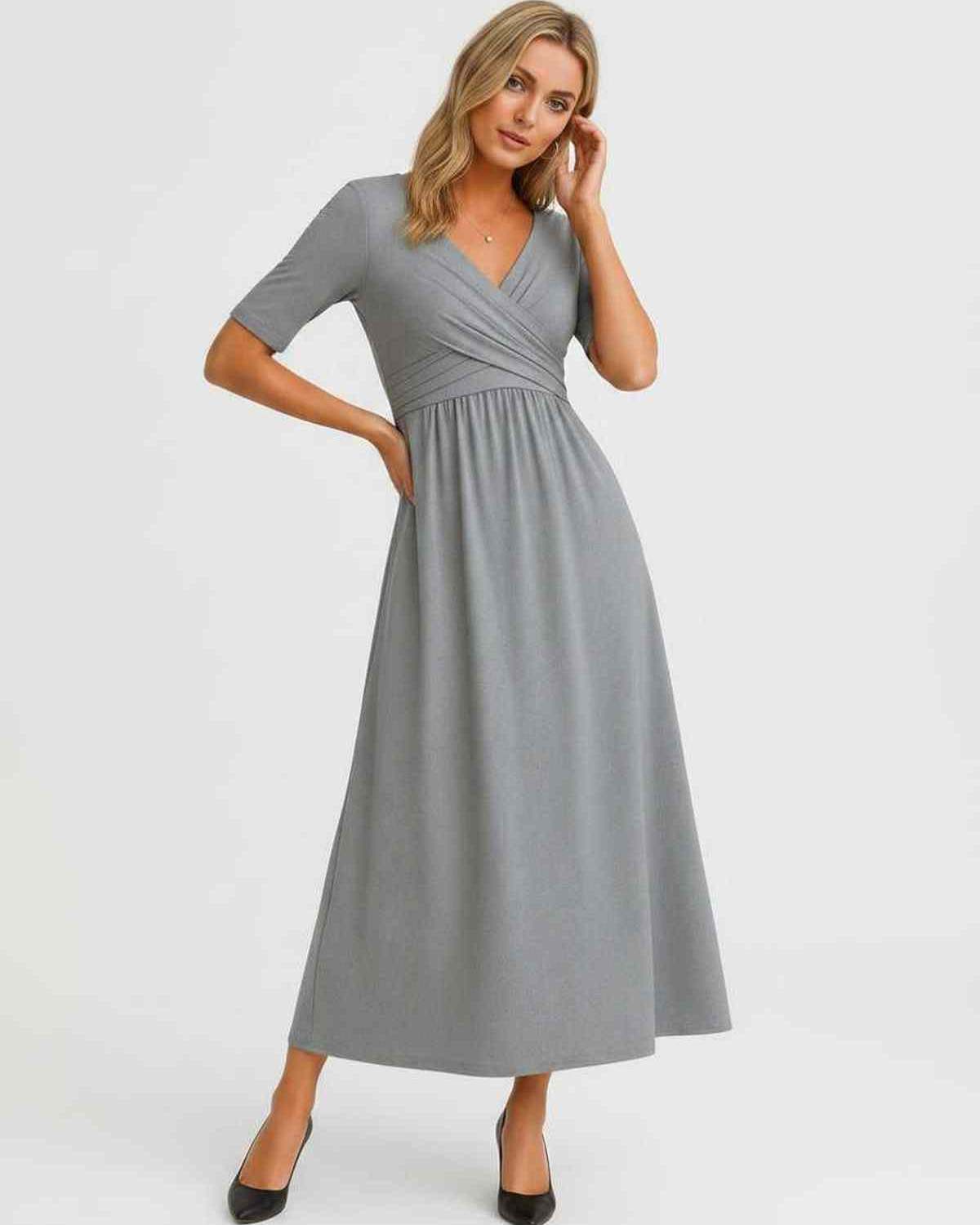Velmira Midi Dress by Lauven — soft stretch short sleeve V-neck A-line midi dress