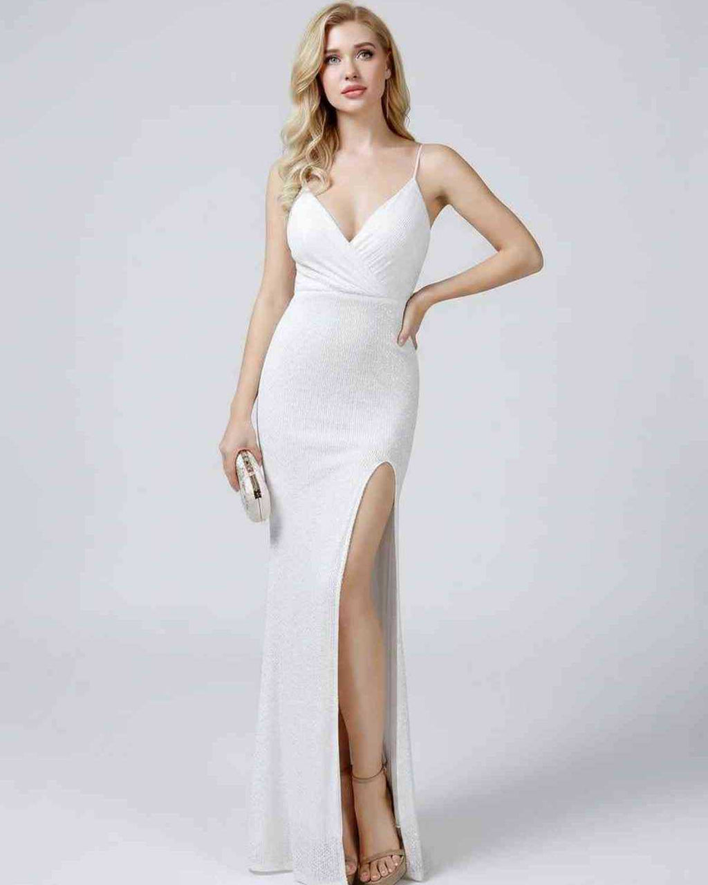 Celeste Maxi Dress by Lauven — sequin sleeveless V-neck mermaid maxi dress with spaghetti straps and front slit