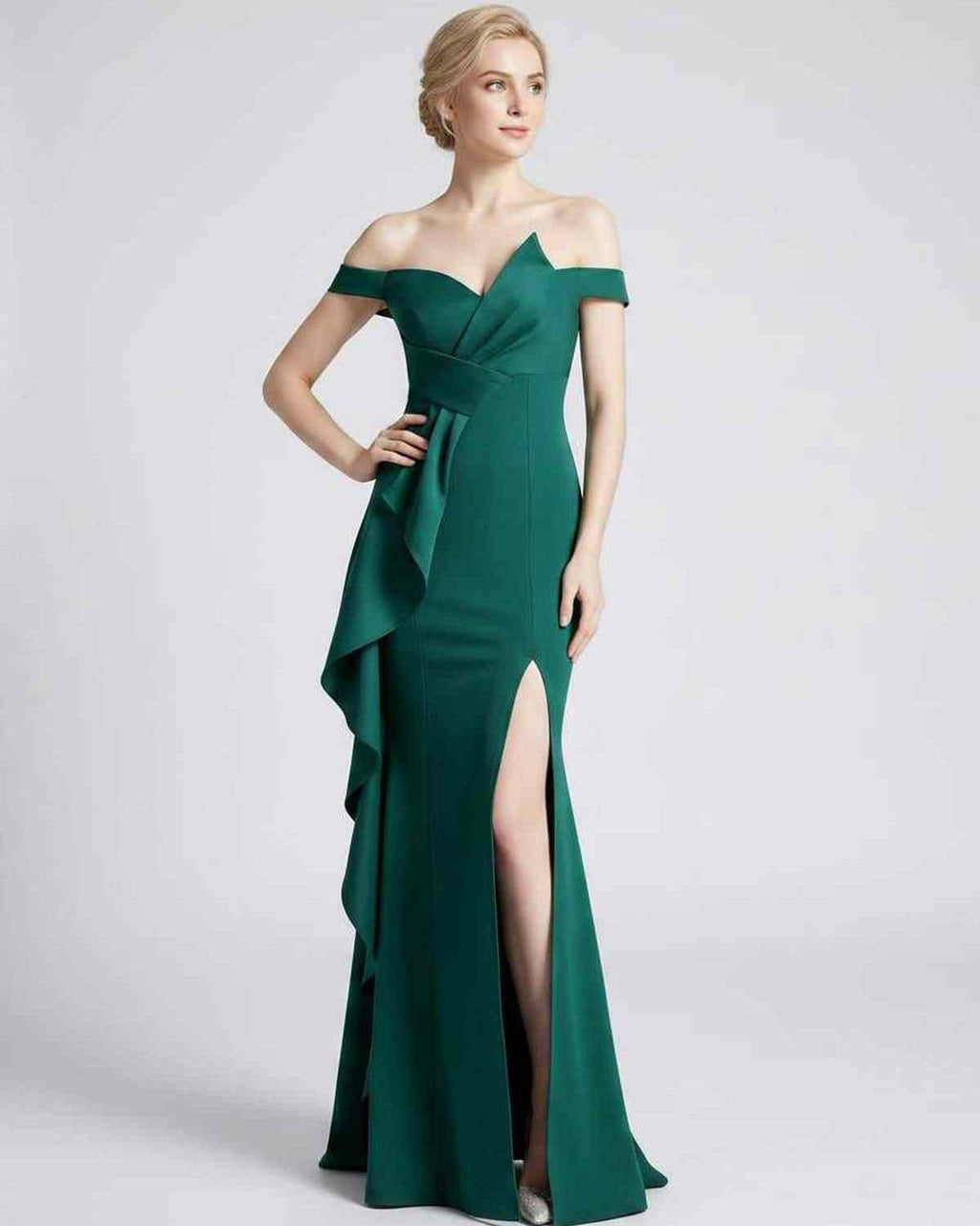 Veloura Maxi Dress by Lauven — polyester spandex off-the-shoulder mermaid maxi dress with slit