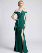 Veloura Maxi Dress by Lauven — polyester spandex off-the-shoulder mermaid maxi dress with slit