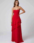 Rosette Maxi Dress by Lauven — polyester V-neck sleeveless bodycon maxi dress with layered ruffles