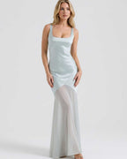 Lunelle Maxi Dress by Lauven — polyester square neck sleeveless slip maxi dress with satin chiffon detail