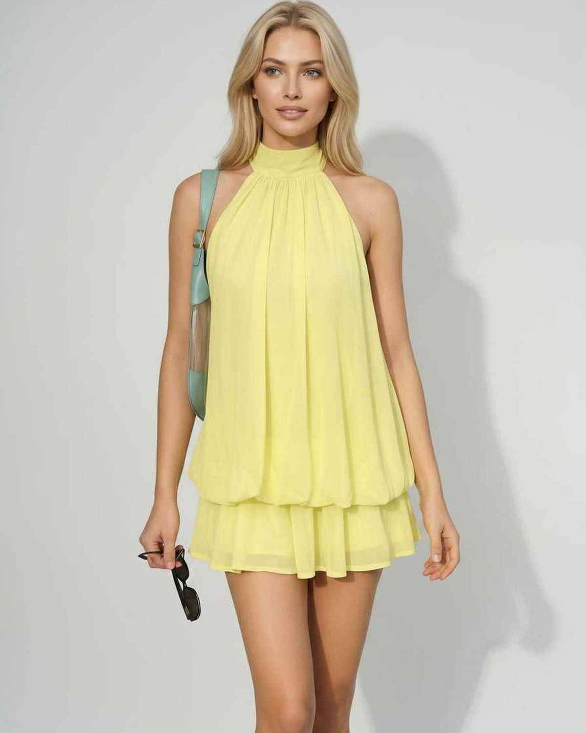 Lunelle Mini Dress by Lauven — polyester sleeveless tie neck loose fit mini dress