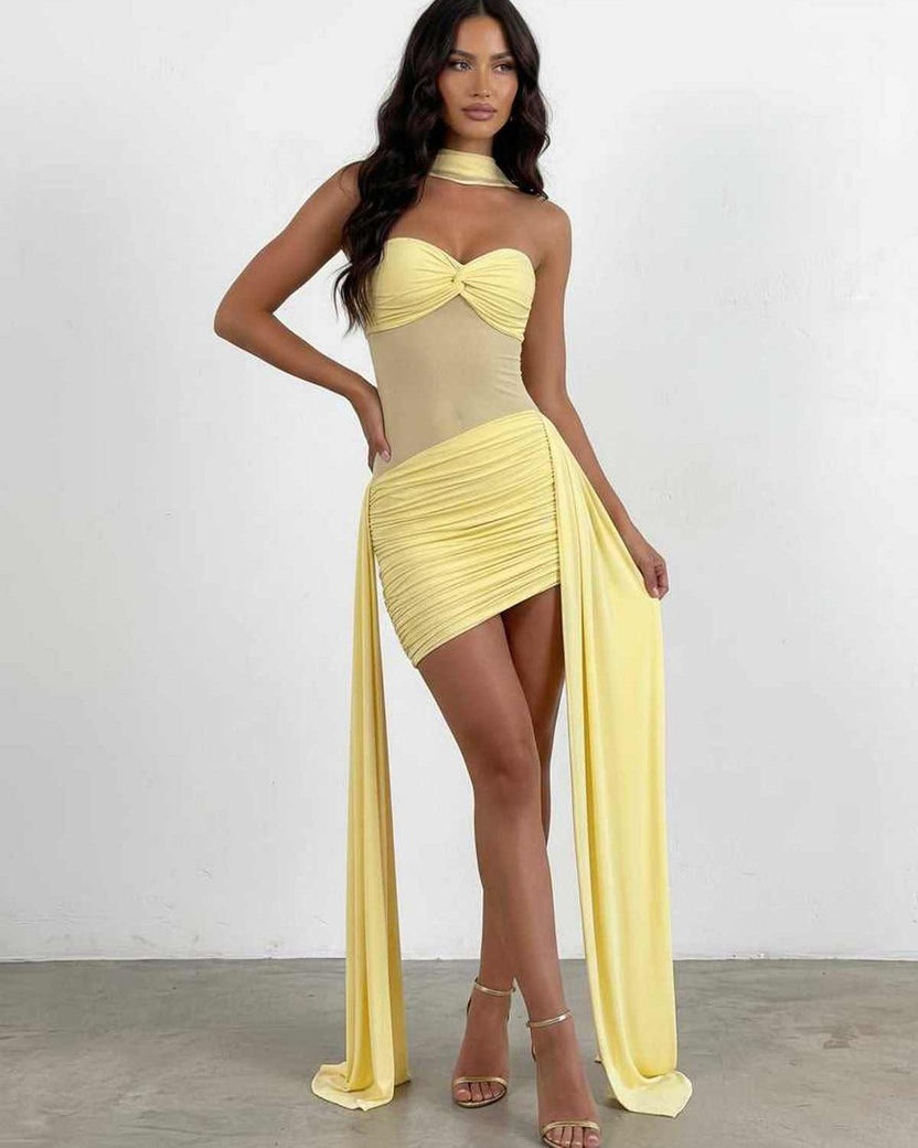 Veloura Mini Dress by Lauven — polyester strapless bodycon mini dress with draped detail