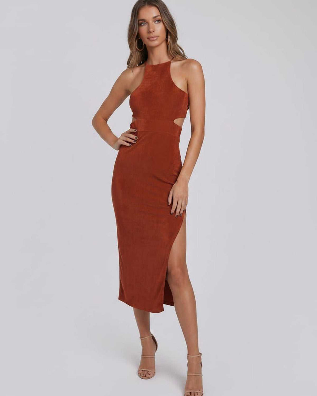 Sable Midi Dress by Lauven — suede-touch polyester blend sleeveless crew neck slim midi dress