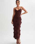 Rosette Maxi Dress by Lauven — textured polyester knit sleeveless V-neck floral maxi dress