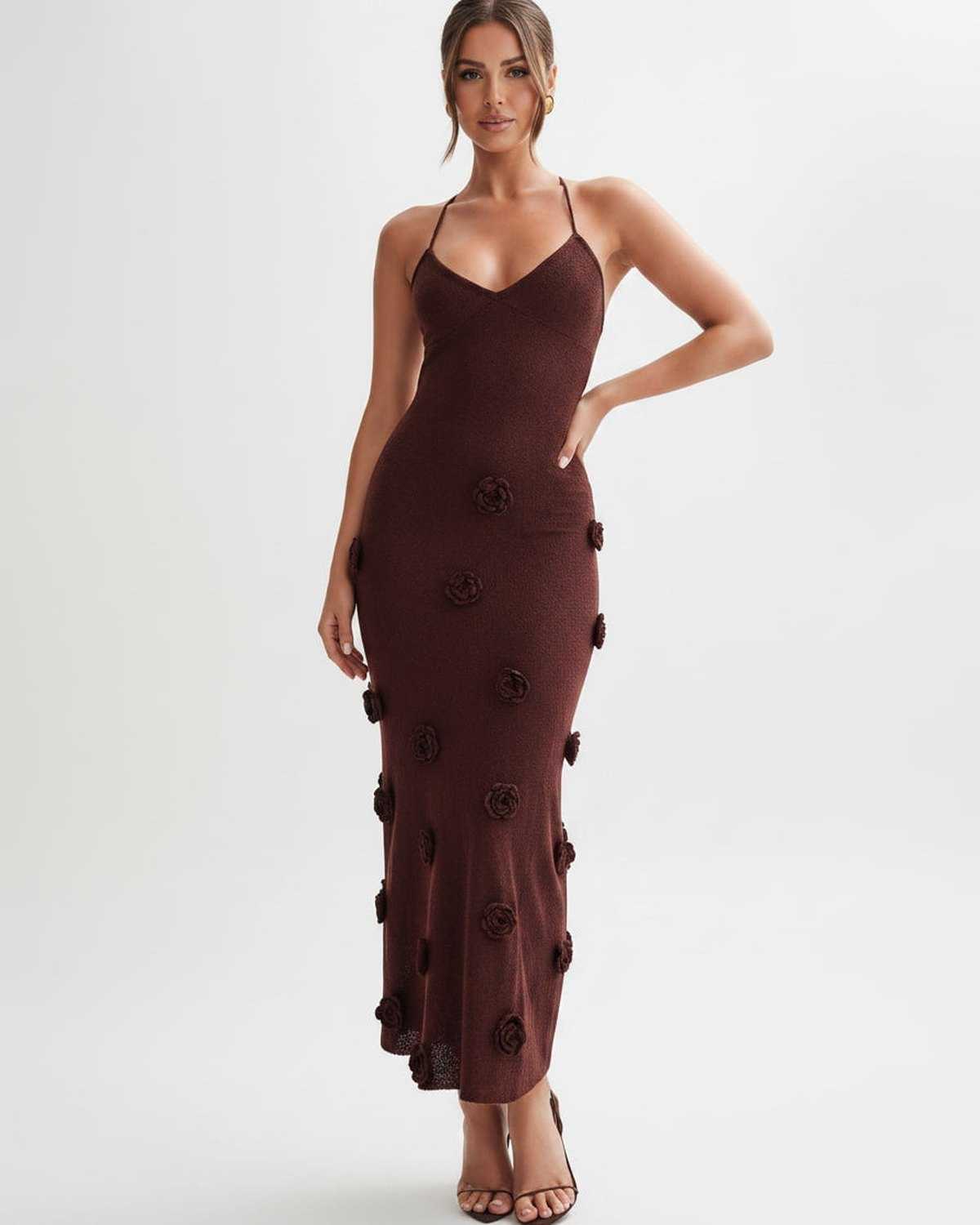 Rosette Maxi Dress by Lauven — textured polyester knit sleeveless V-neck floral maxi dress