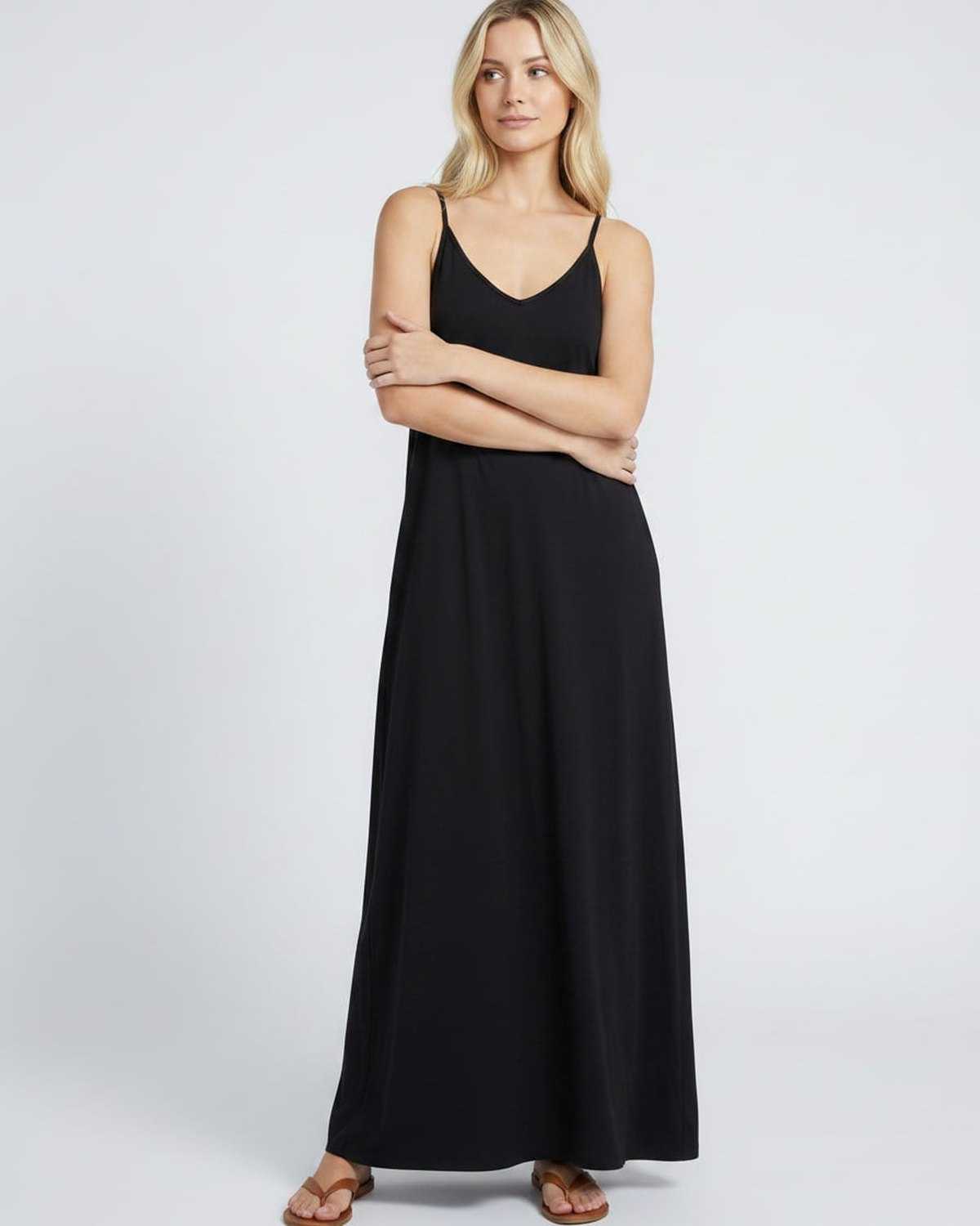 Solenne Maxi Dress by Lauven — soft stretch sleeveless V-neck relaxed A-line maxi dress