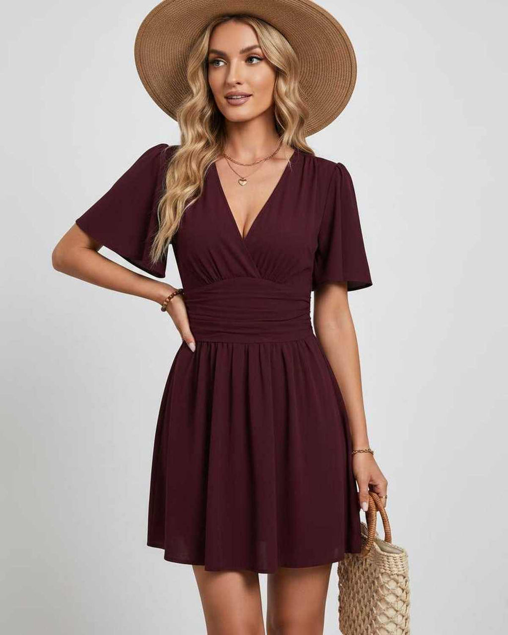 Calista Mini Dress by Lauven — chiffon ruffled short sleeve V-neck A-line mini dress