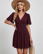Calista Mini Dress by Lauven — chiffon ruffled short sleeve V-neck A-line mini dress