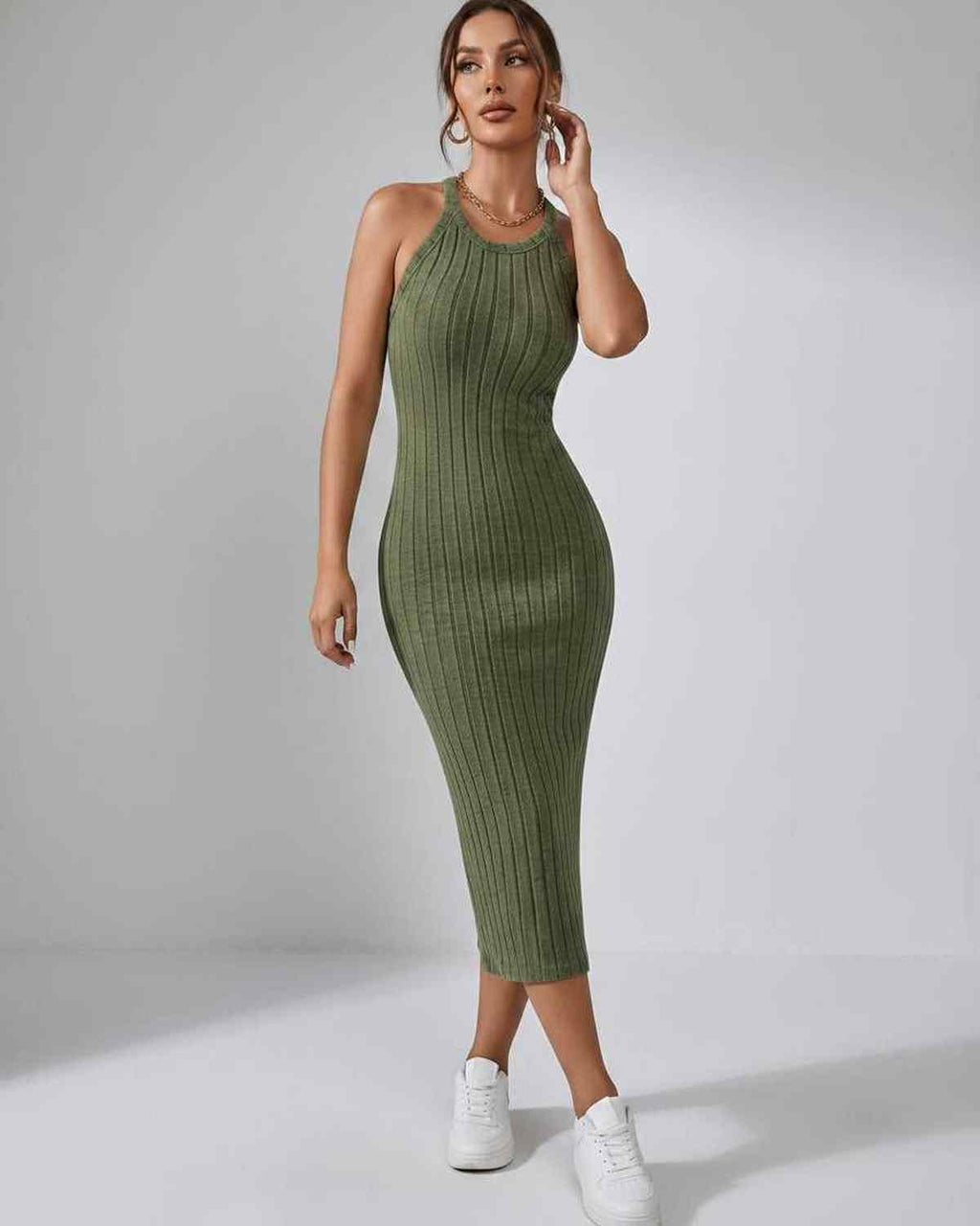 Lunara Midi Dress by Lauven — ribbed knit sleeveless crew neck slim-fit midi dress