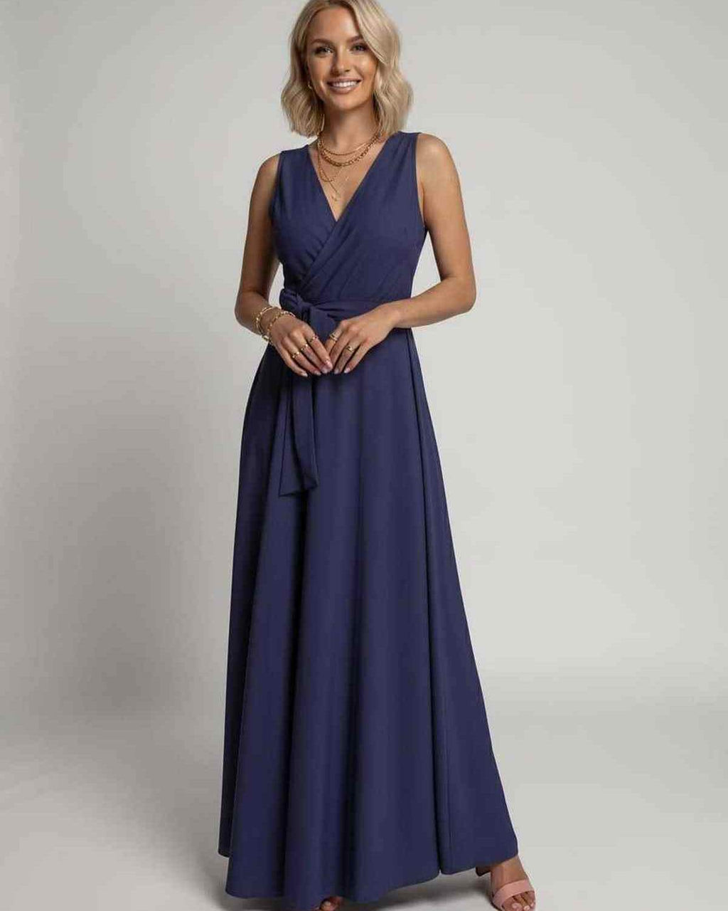 Veloura Maxi Dress by Lauven — satin sleeveless V-neck A-line maxi dress