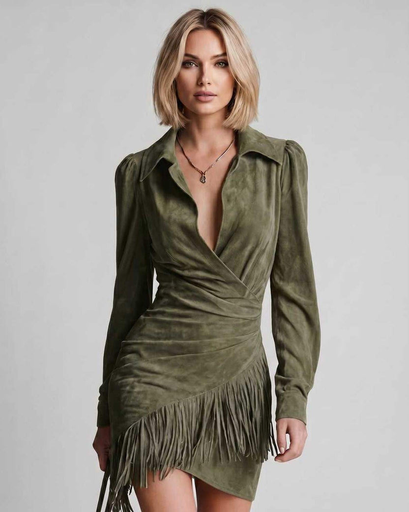 Veloura Mini Dress by Lauven — sage green suede leather long sleeve turn-down collar ruched mini dress