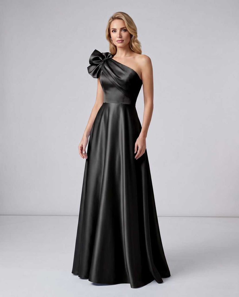Aurevina Maxi Dress by Lauven — black satin one shoulder A-line maxi dress with ruffle detail