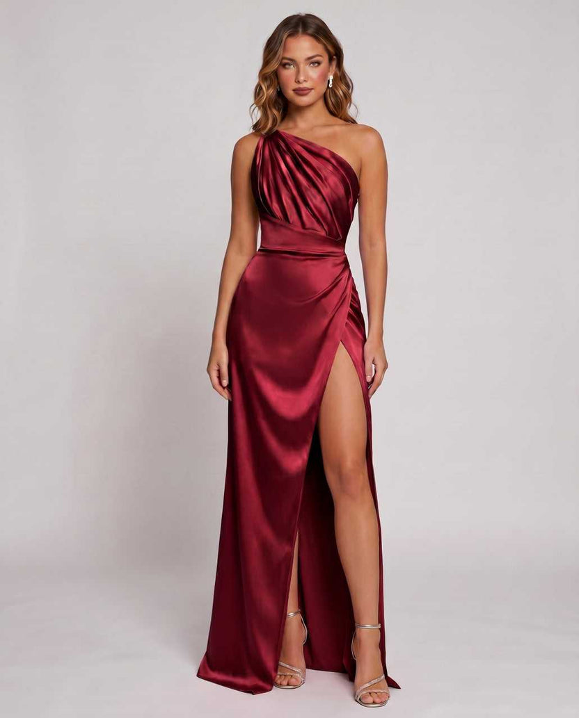 Veloura Maxi Dress by Lauven — burgundy satin one-shoulder mermaid maxi dress with slit