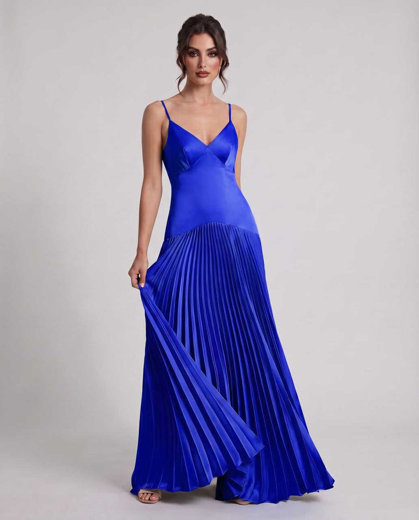 Veloura Maxi Dress by Lauven — blue satin spaghetti strap V-neck A-line maxi dress