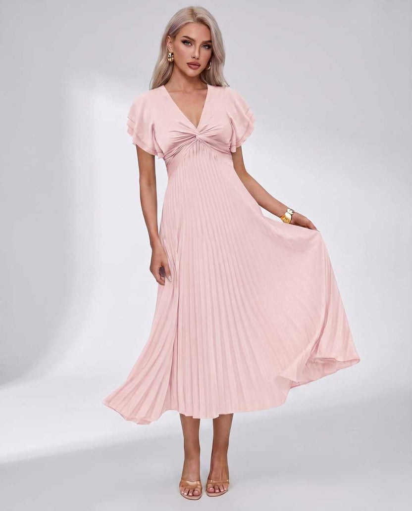 Veloura Midi Dress by Lauven — blush pleated chiffon flutter sleeve V-neck A-line midi dress