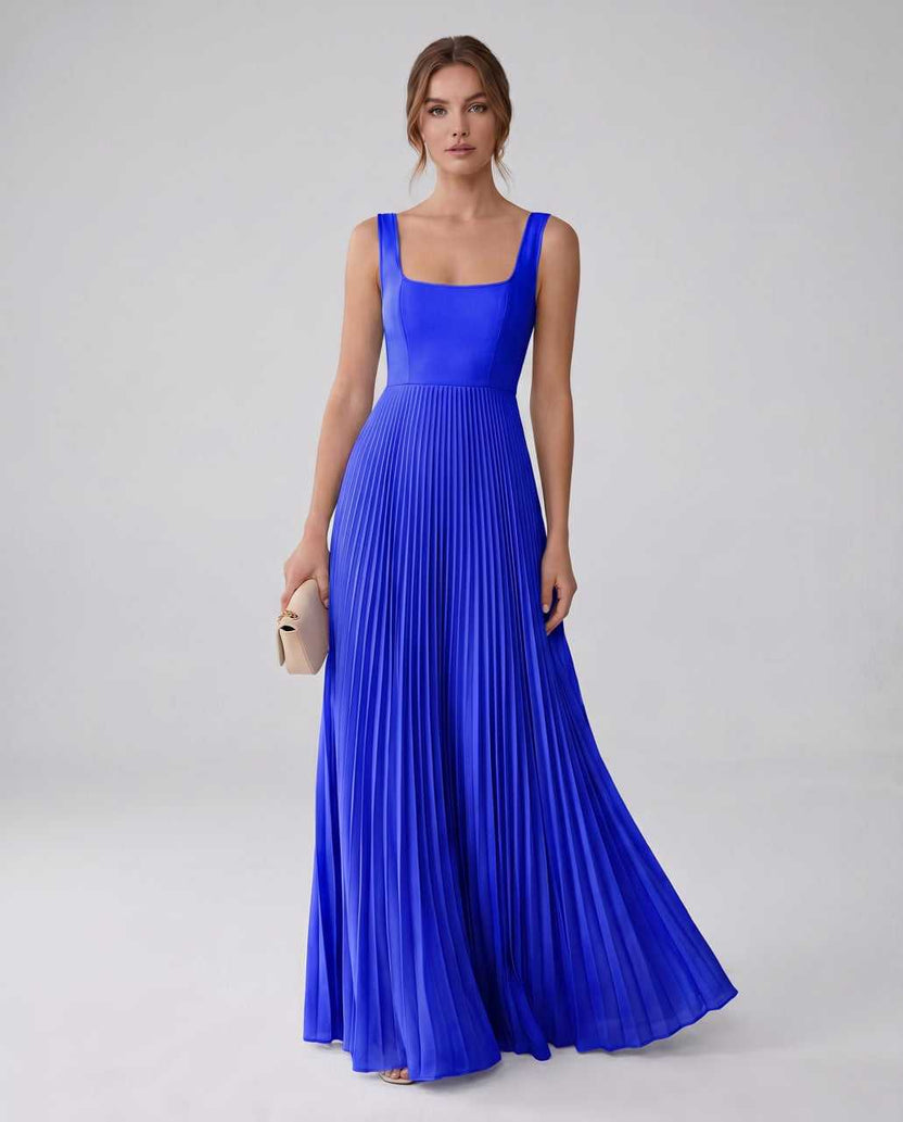 Veloura Maxi Dress by Lauven — blue satin chiffon sleeveless square neck pleated A-line maxi dress