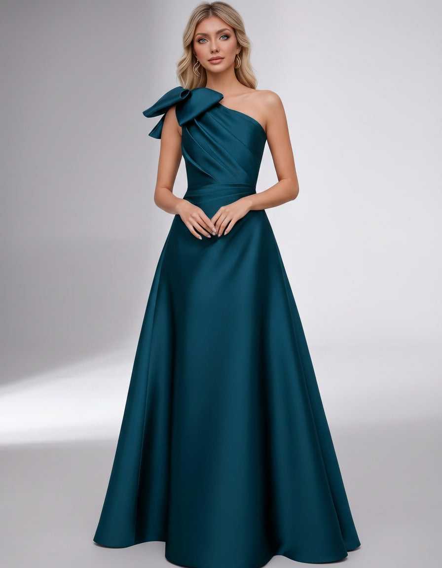 Celestia Maxi Dress by Lauven — satin one shoulder A-line maxi dress with bow