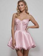 Veloura Mini Dress by Lauven — satin strapless sweetheart A-line mini dress