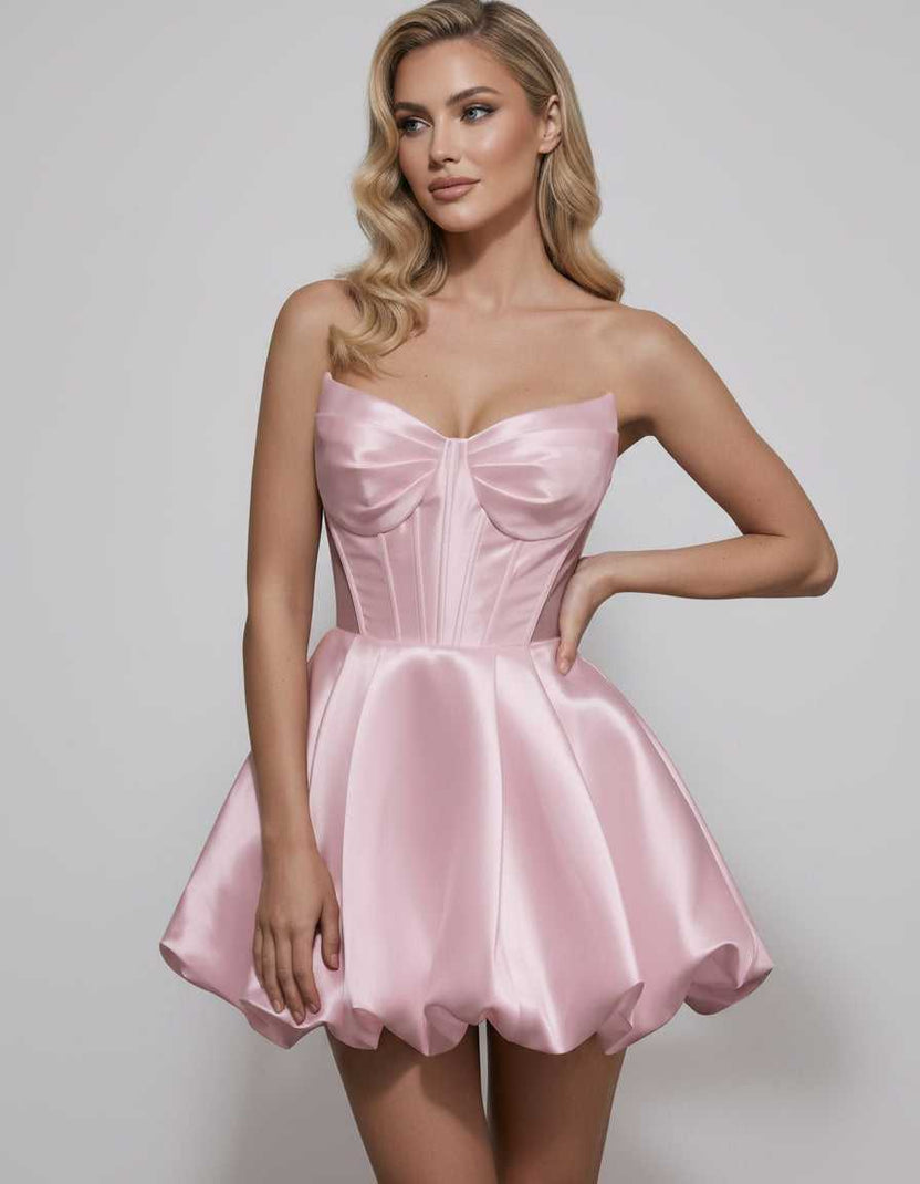 Veloura Mini Dress by Lauven — satin strapless sweetheart A-line mini dress