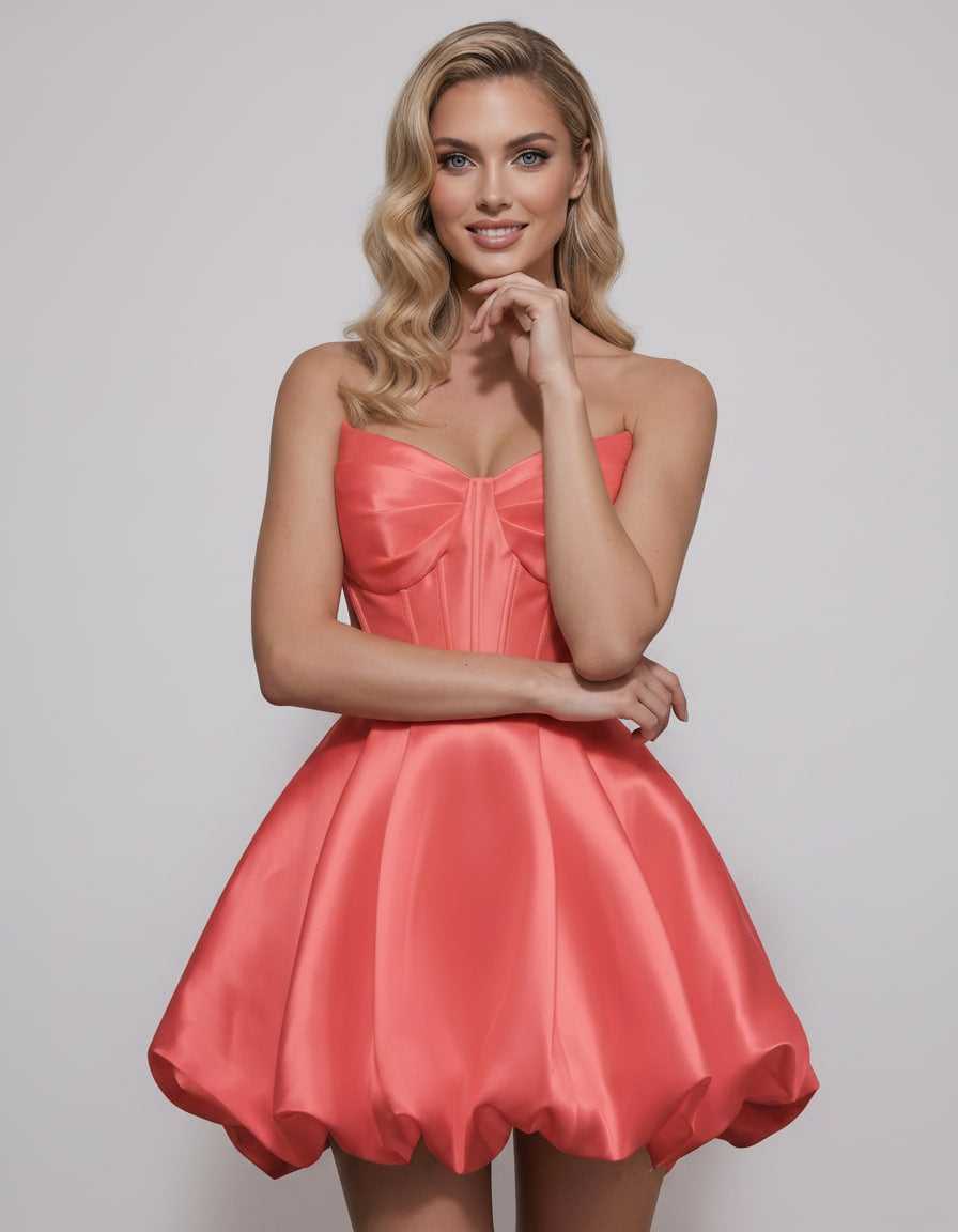 Veloura Mini Dress by Lauven — satin strapless sweetheart A-line mini dress