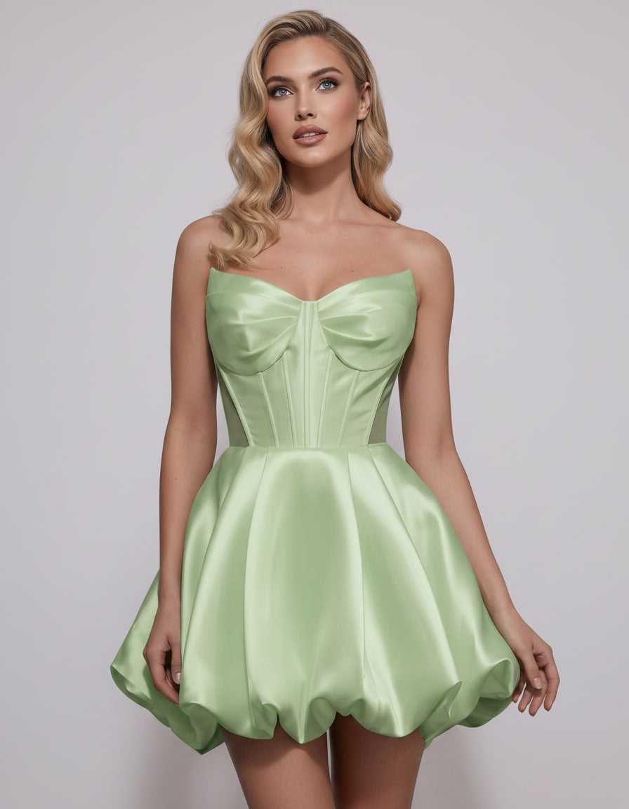 Veloura Mini Dress by Lauven — satin strapless sweetheart A-line mini dress