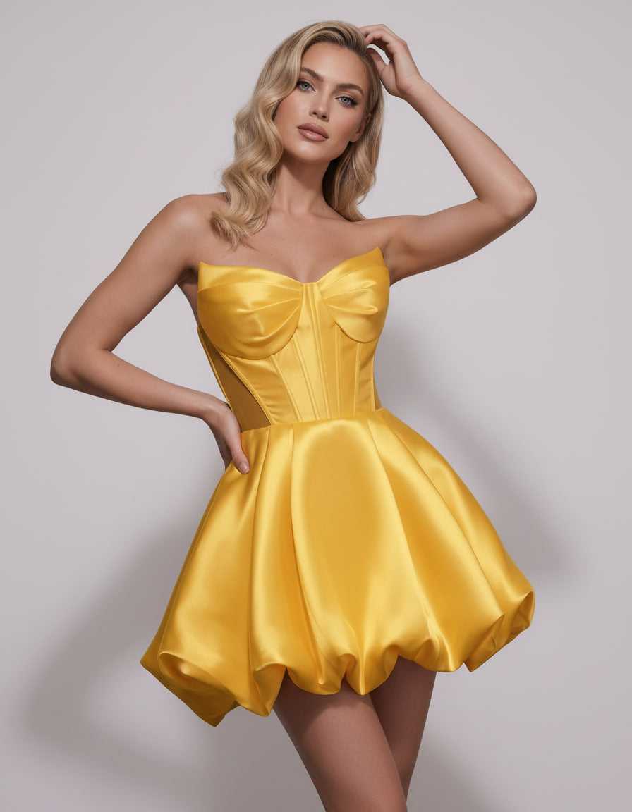 Veloura Mini Dress by Lauven — satin strapless sweetheart A-line mini dress