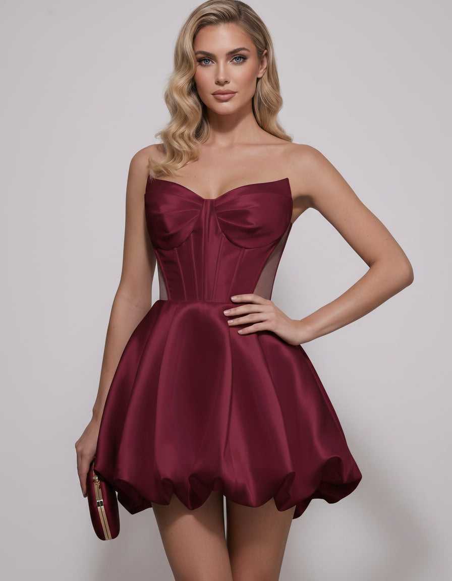 Veloura Mini Dress by Lauven — satin strapless sweetheart A-line mini dress