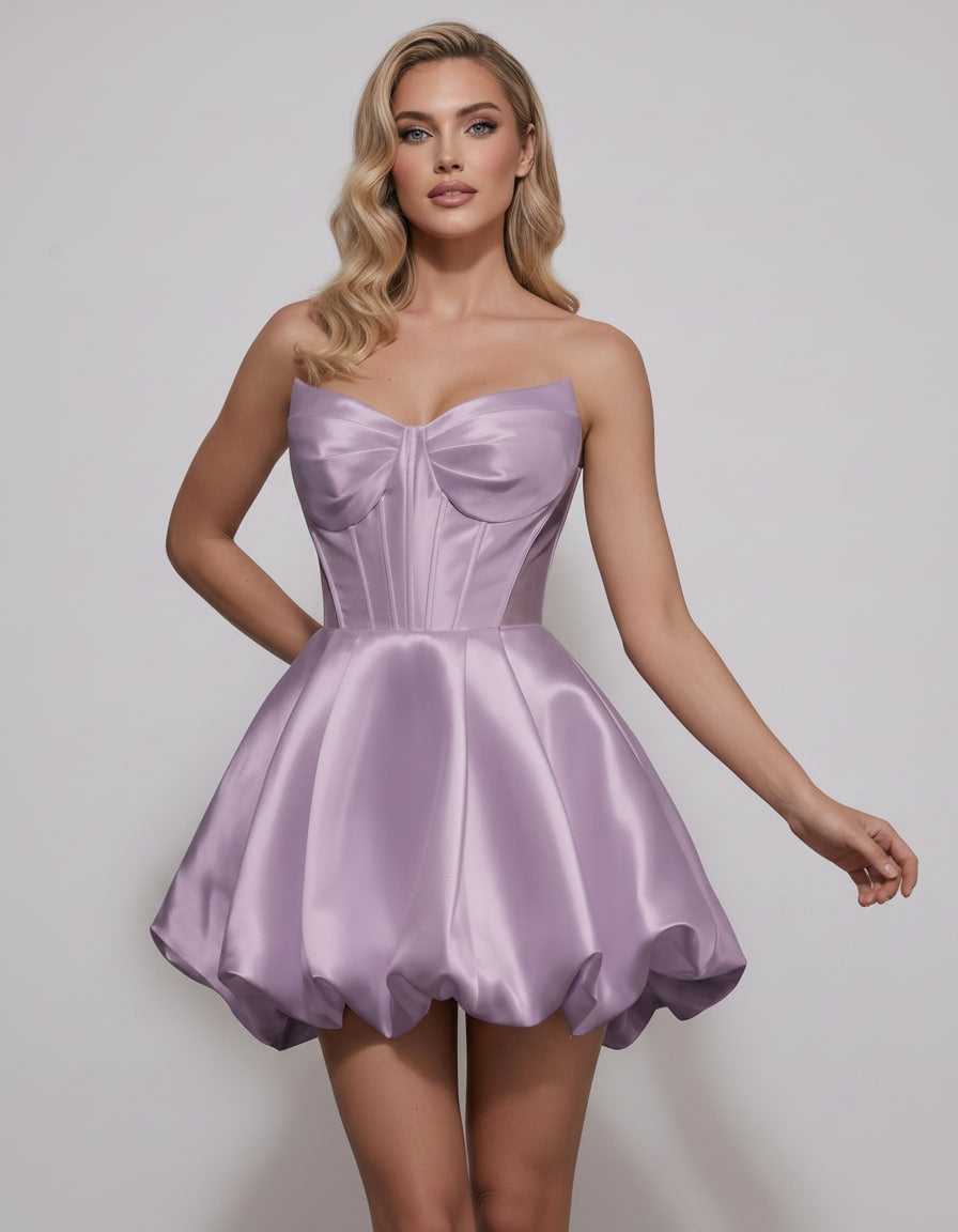Veloura Mini Dress by Lauven — satin strapless sweetheart A-line mini dress
