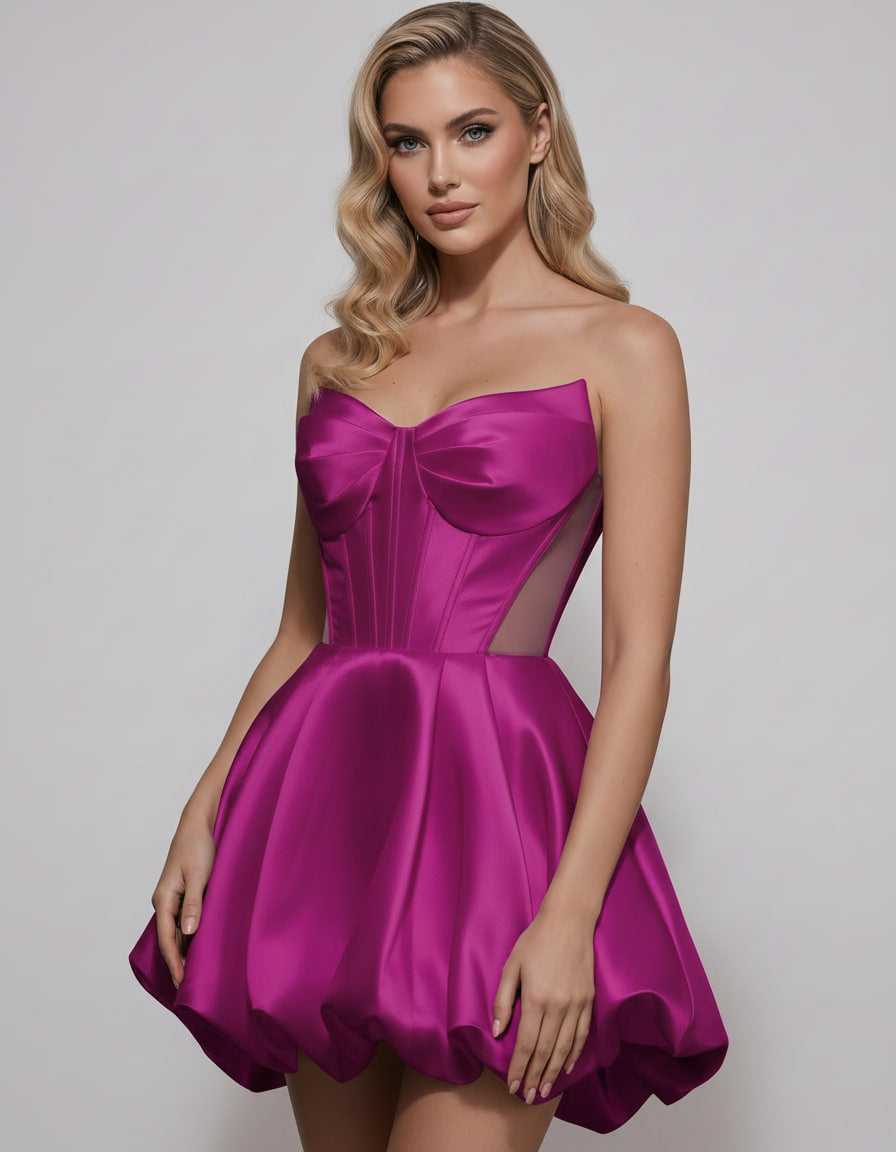 Veloura Mini Dress by Lauven — satin strapless sweetheart A-line mini dress
