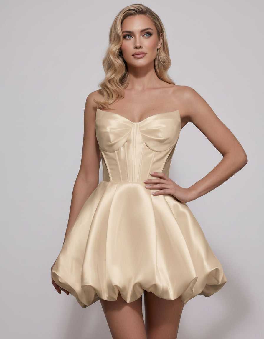 Veloura Mini Dress by Lauven — satin strapless sweetheart A-line mini dress