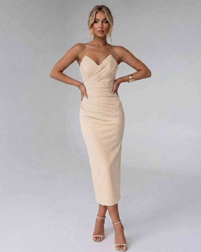 Serelle Midi Dress by Lauven — beige smooth stretch strapless sweetheart neck fitted midi dress