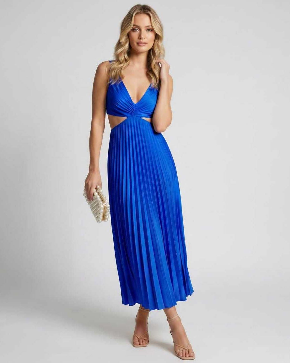Lunara Midi Dress by Lauven — satin sleeveless V-neck flowing pleated midi dress