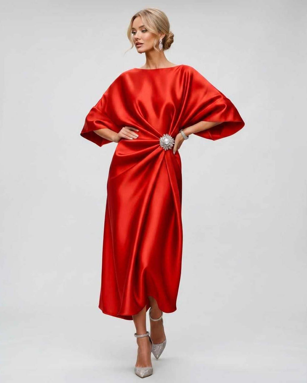Seralyn Midi Dress by Lauven — satin kimono sleeve boat neck draped midi dress