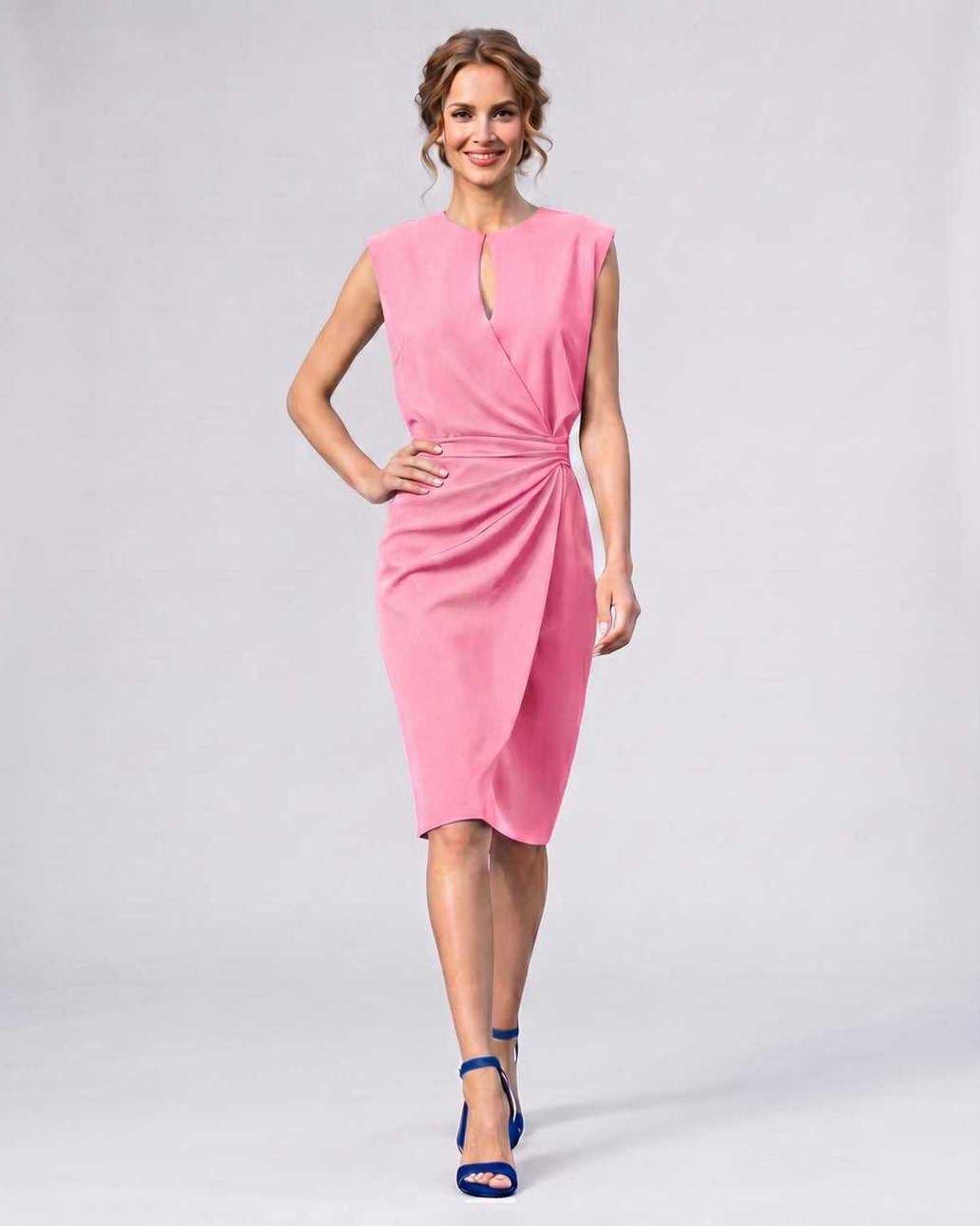 Velmira Midi Dress by Lauven — sleeveless keyhole wrap midi dress with ruched waist
