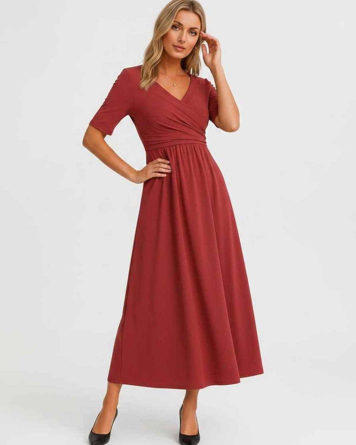 Velmira Midi Dress by Lauven — soft stretch short sleeve V-neck A-line midi dress