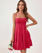 Solara Mini Dress by Lauven — textured sleeveless square neck tiered swing mini dress