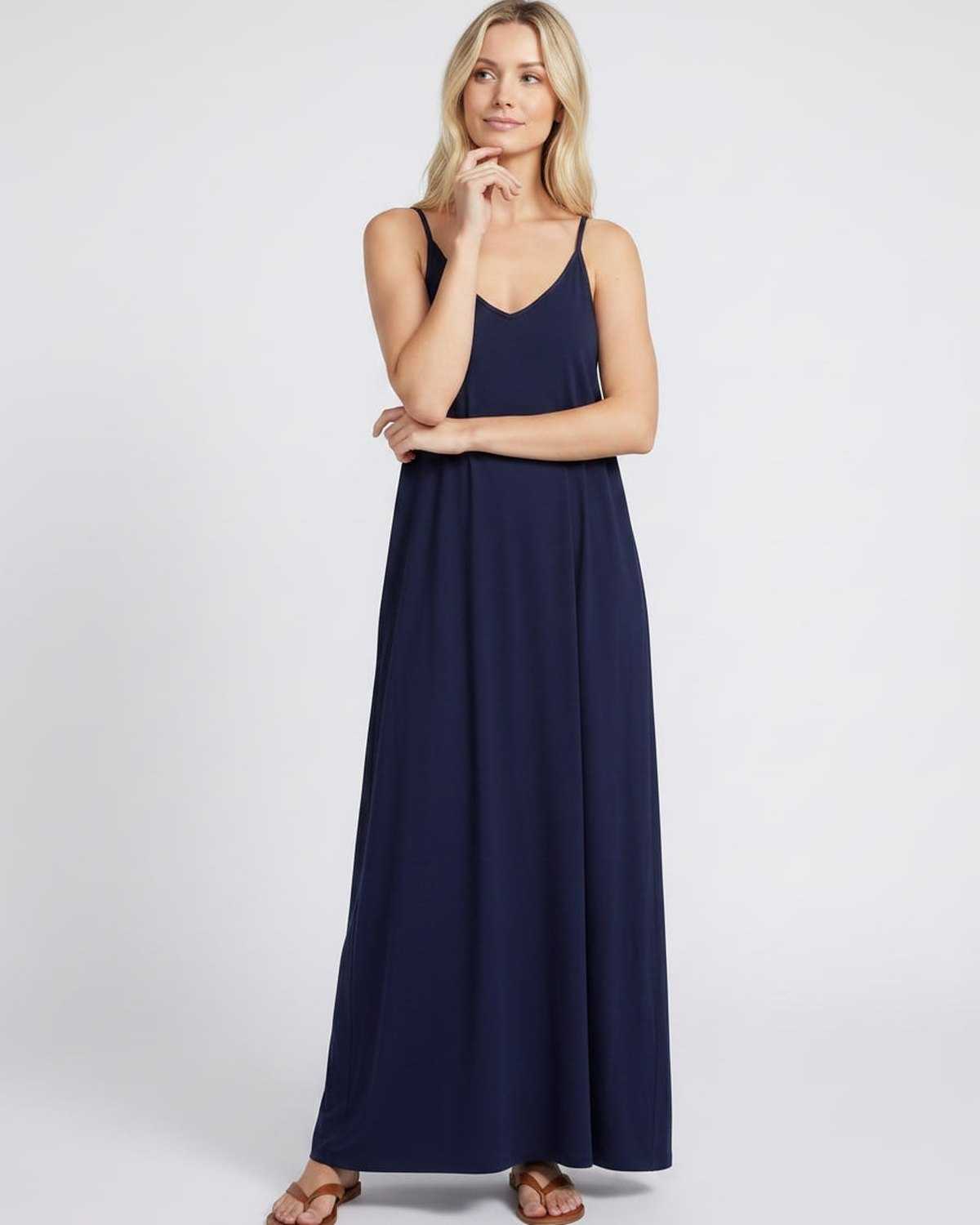 Solenne Maxi Dress by Lauven — soft stretch sleeveless V-neck relaxed A-line maxi dress