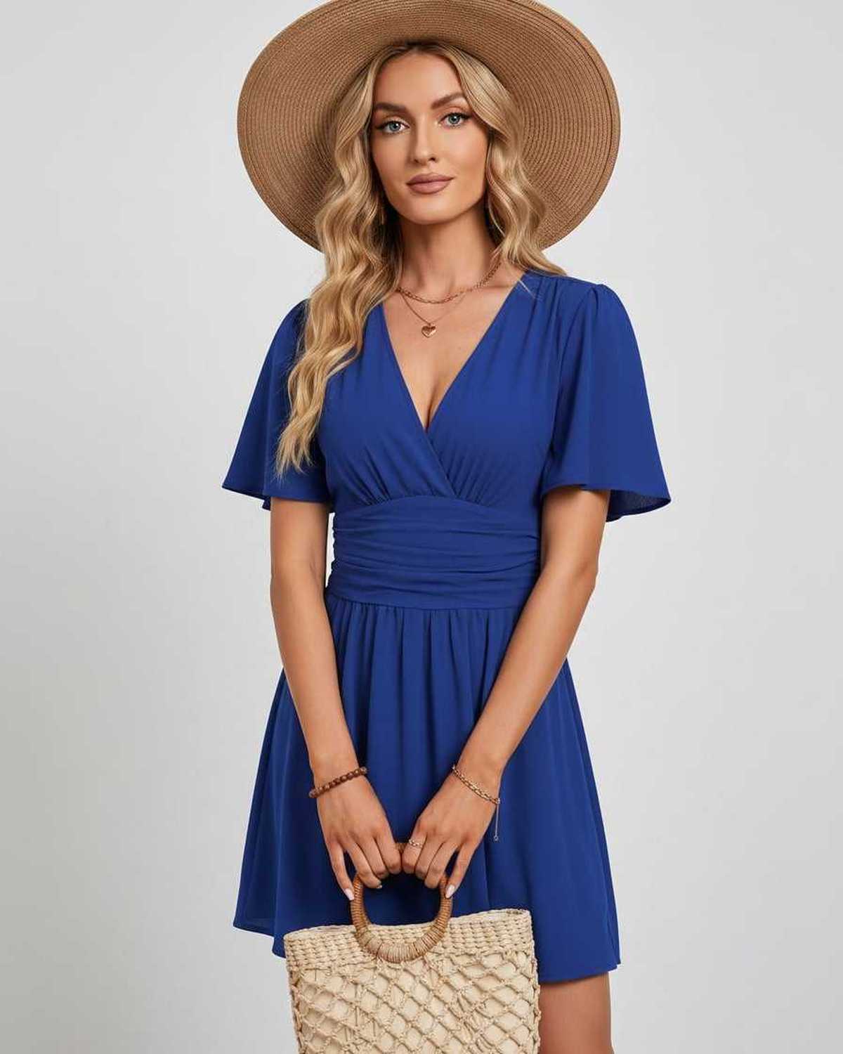 Calista Mini Dress by Lauven — chiffon ruffled short sleeve V-neck A-line mini dress