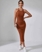 Lunara Midi Dress by Lauven — ribbed knit sleeveless crew neck slim-fit midi dress