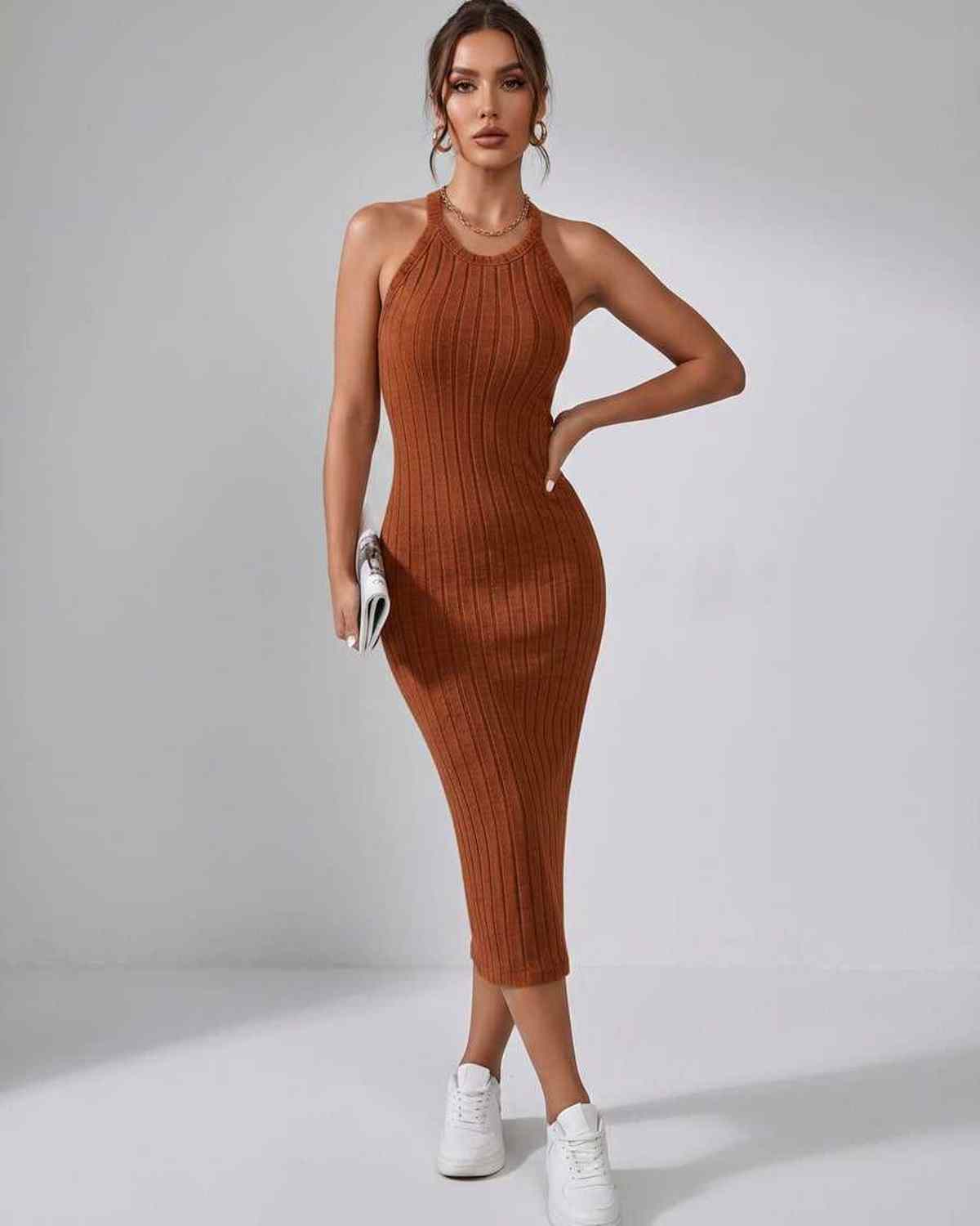 Lunara Midi Dress by Lauven — ribbed knit sleeveless crew neck slim-fit midi dress