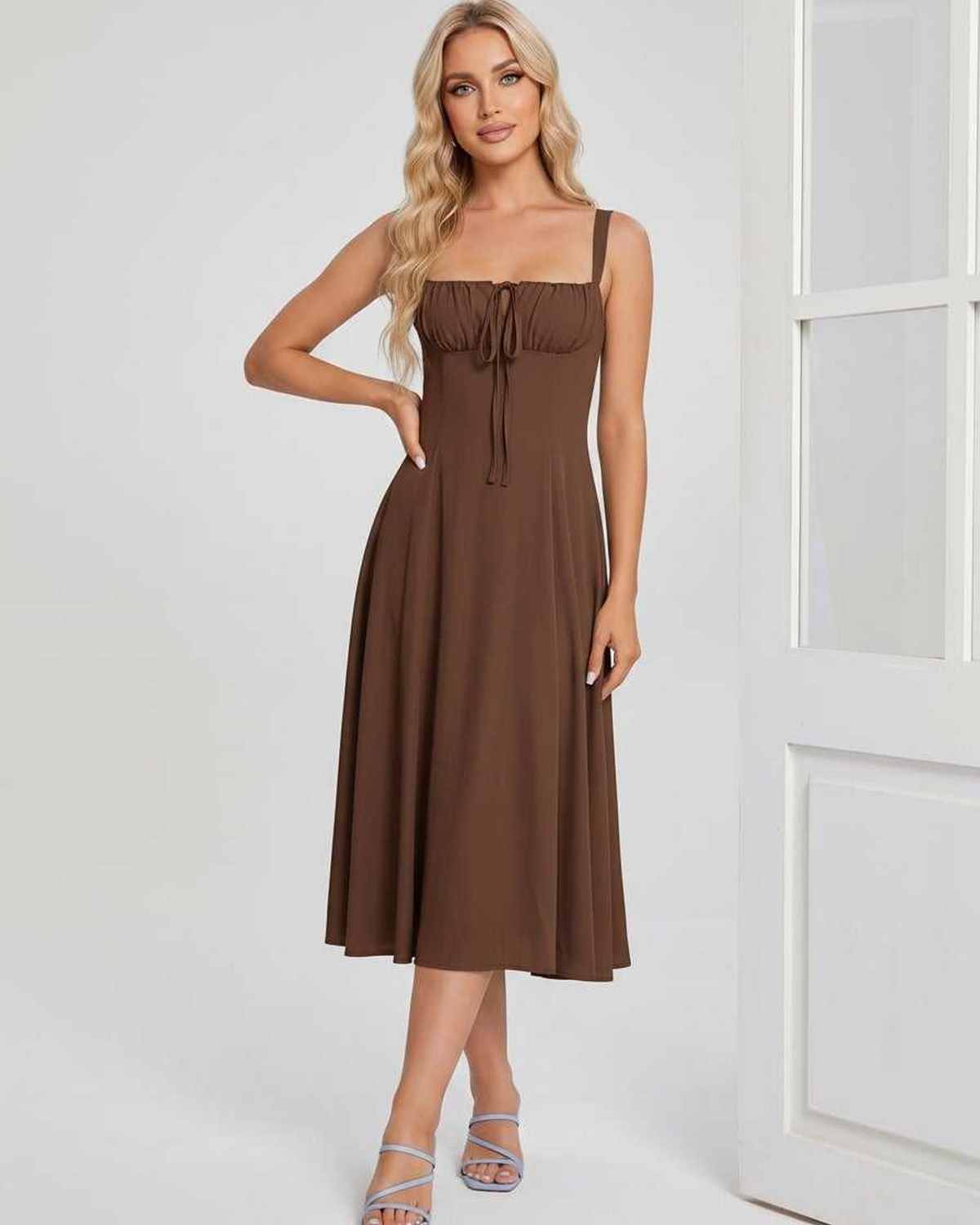 Serelune Midi Dress by Lauven — lightweight sleeveless square neck A-line midi dress