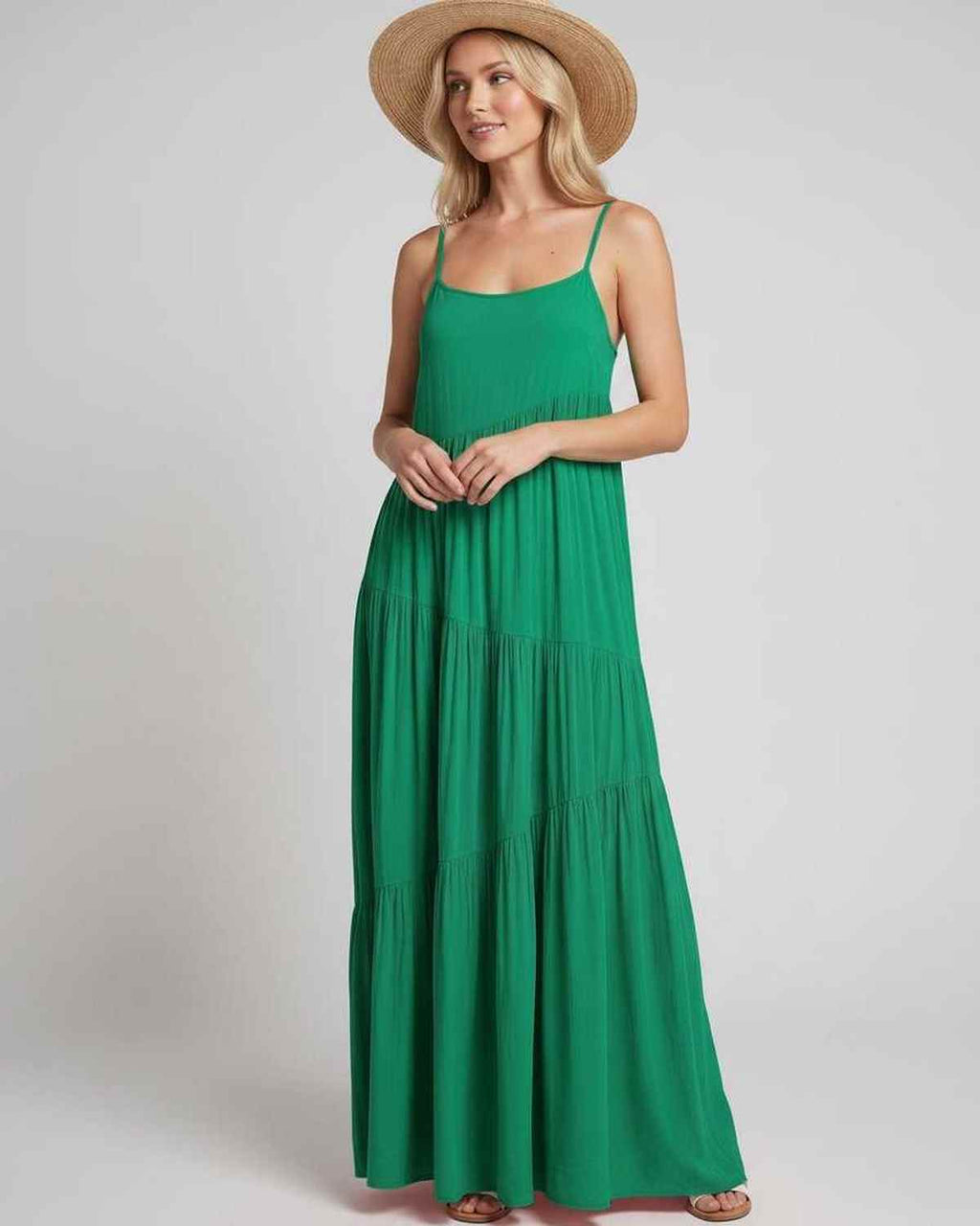 Solenne Maxi Dress by Lauven — rayon blend sleeveless scoop neck tiered A-line maxi dress