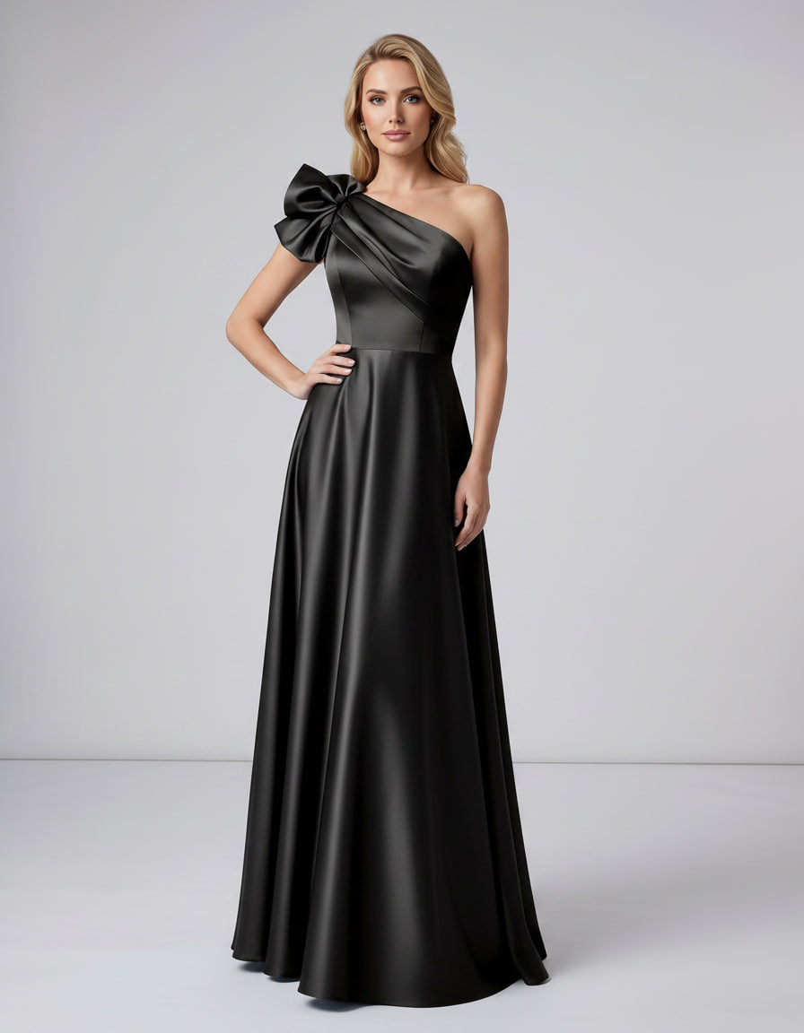 Aurevina Maxi Dress by Lauven — satin one shoulder A-line maxi dress with ruffle detail