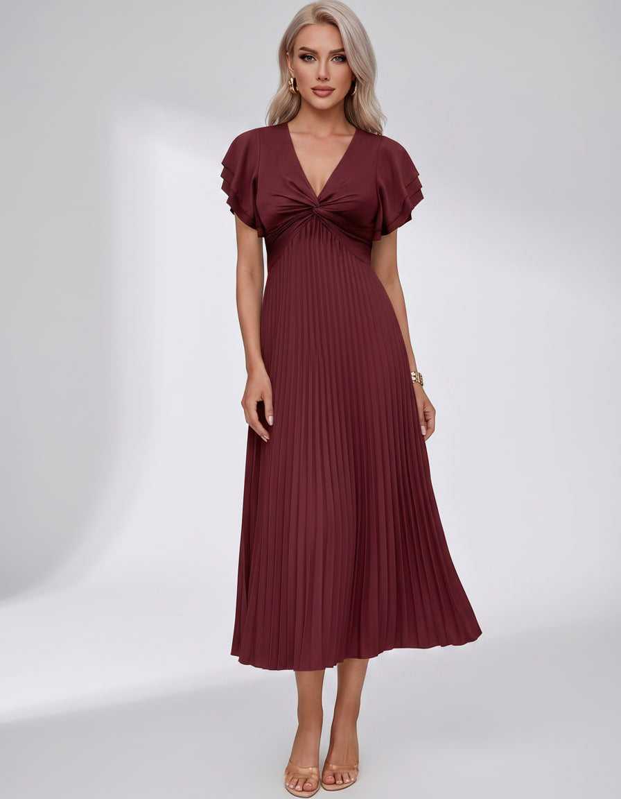 Veloura Midi Dress by Lauven — pleated chiffon flutter sleeve V-neck A-line midi dress