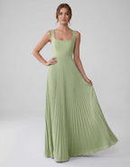 Veloura Maxi Dress by Lauven — satin chiffon sleeveless square neck pleated A-line maxi dress