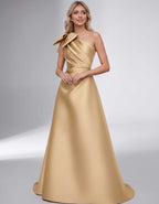 Celestia Maxi Dress by Lauven — satin one shoulder A-line maxi dress with bow